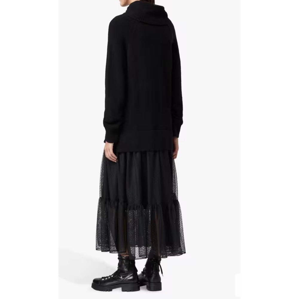 AllSaints Tula Dress Small Black Wool Blend Roll Neck Mesh Tiered Maxi WD335R - Picture 2 of 9
